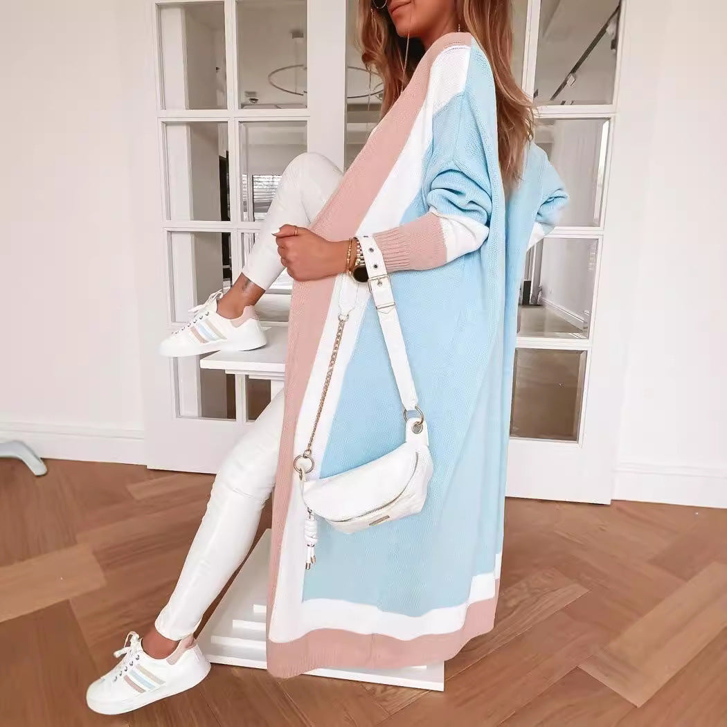 Women's Fashionable Long Knit Coat with Unique Color Block Design and Wide Collar