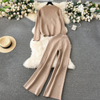 Women's Elegant Knit Loungewear Set with Decorative Buttons and Wide Leg