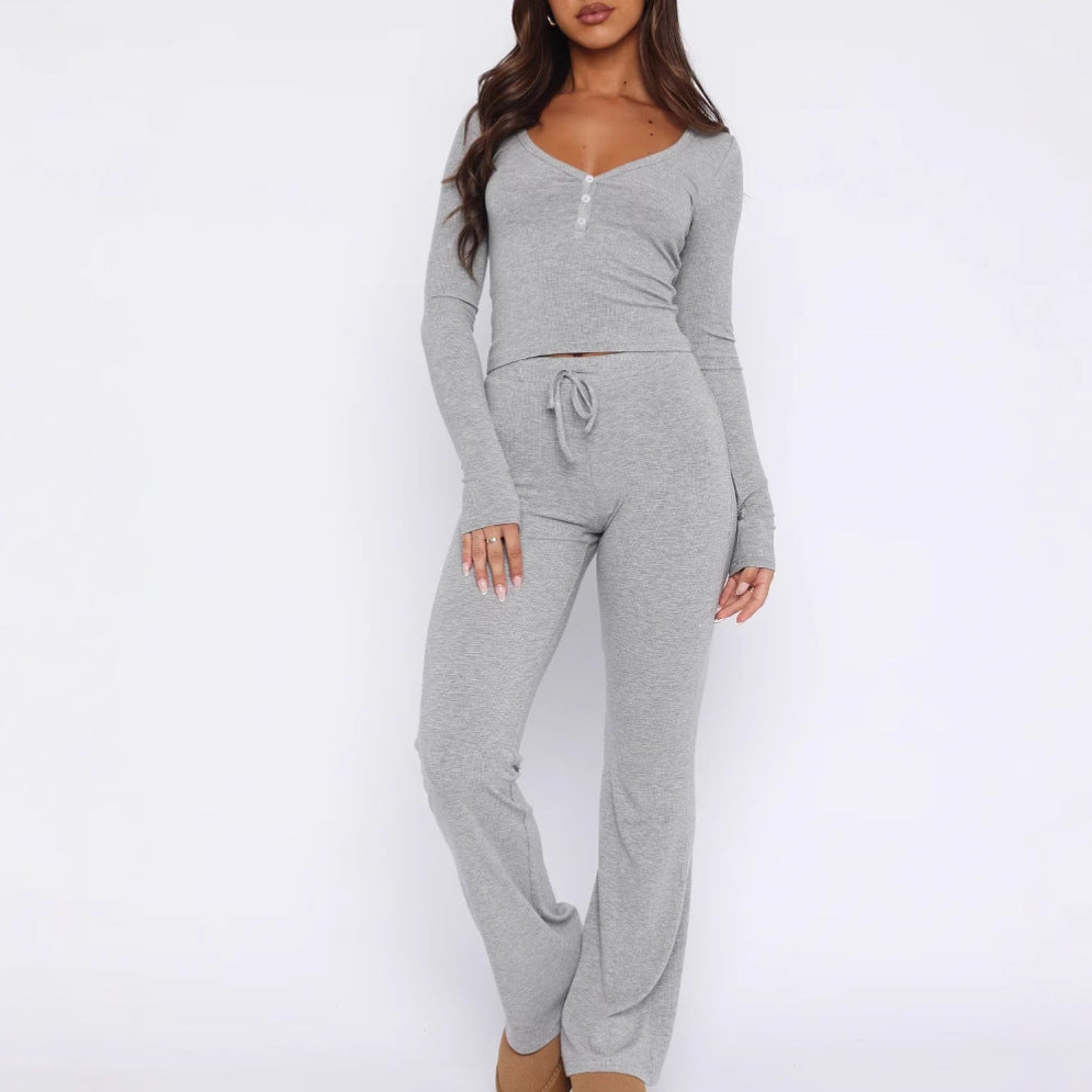 Women's Cozy Lounge Set with Long Top and Flared Pants