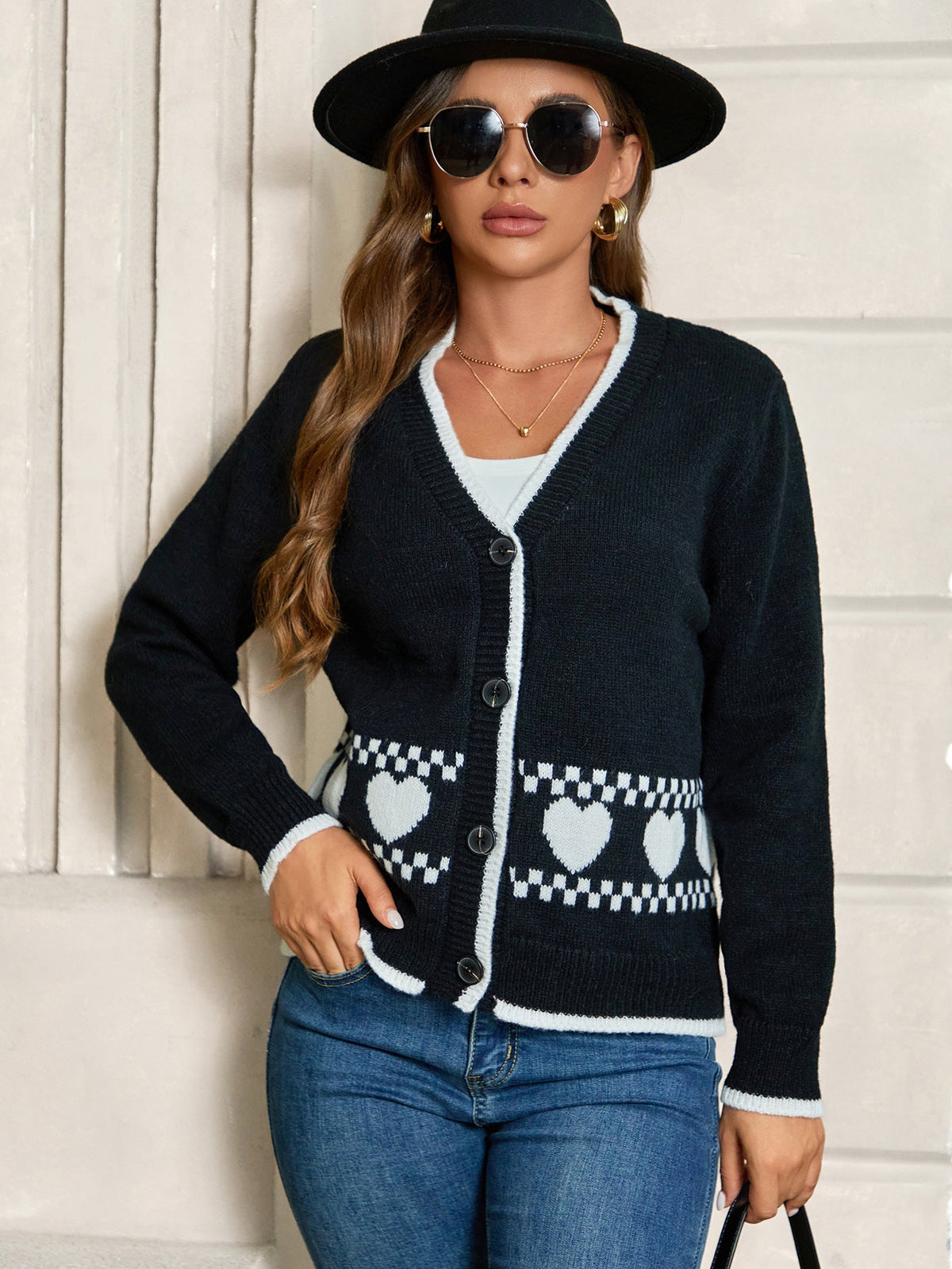Women's Cardigan with Heart Pattern and Contrasting Details