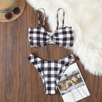 Women's Bandeau Bikini with Elegant Ruffle Detail and Plaid Pattern