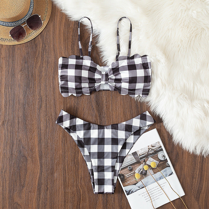Women's Bandeau Bikini with Elegant Ruffle Detail and Plaid Pattern