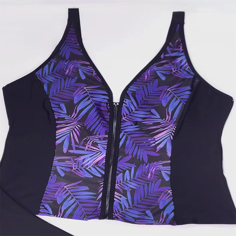 Women's Swim Top with Floral Zipper and Matching Bottoms