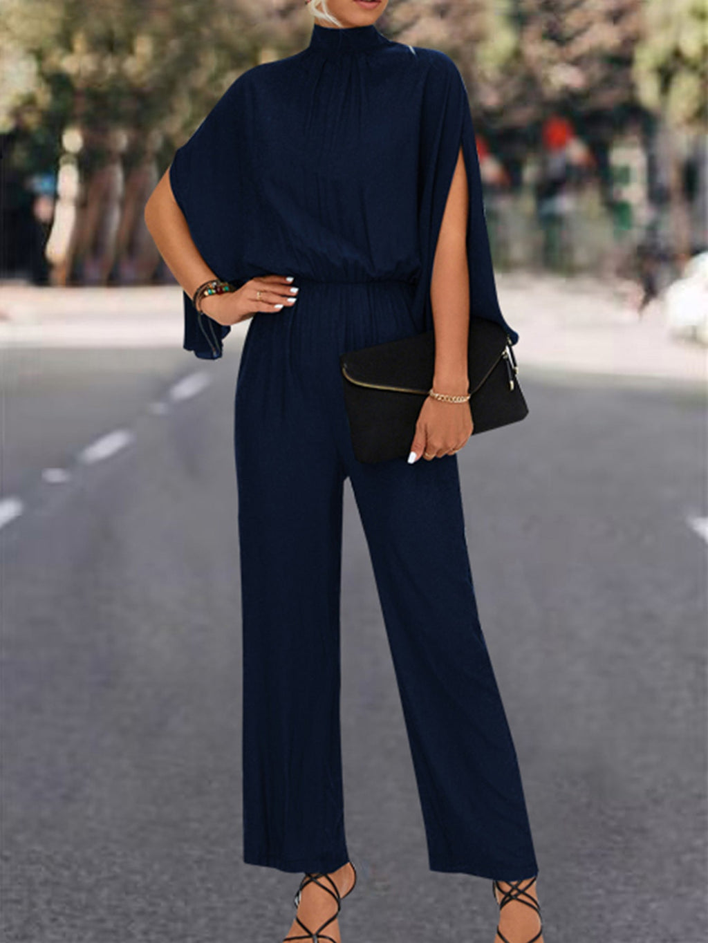 Elegant Women's Jumpsuit with Flowing Cape Design and High Neckline