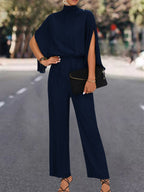Elegant Women's Jumpsuit with Flowing Cape Design and High Neckline