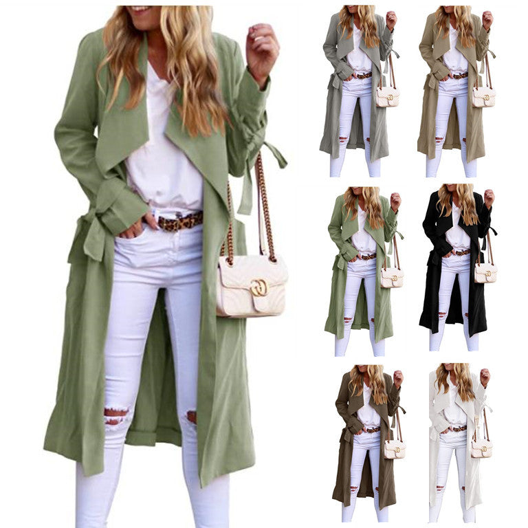 Women's Flowy Trench Coat with Tie Belt and Large Lapel