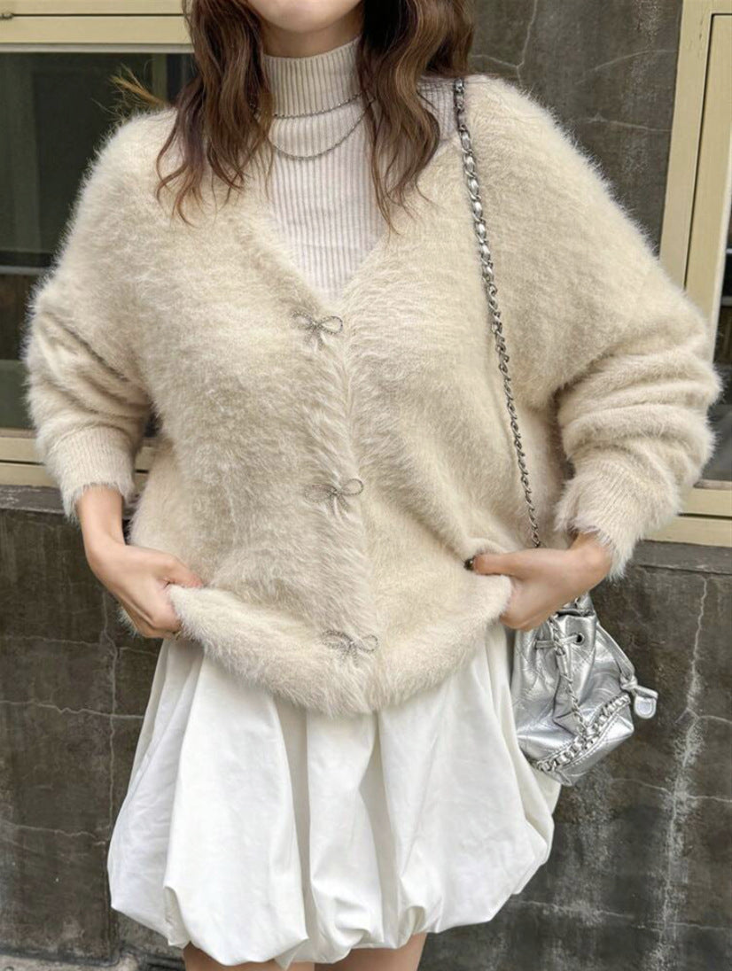 Women's Fluffy Knit Cardigan with Elegant Button Details