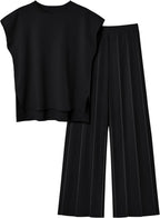 Elegant Women's Short-Sleeve Top and Pleated Trousers Set