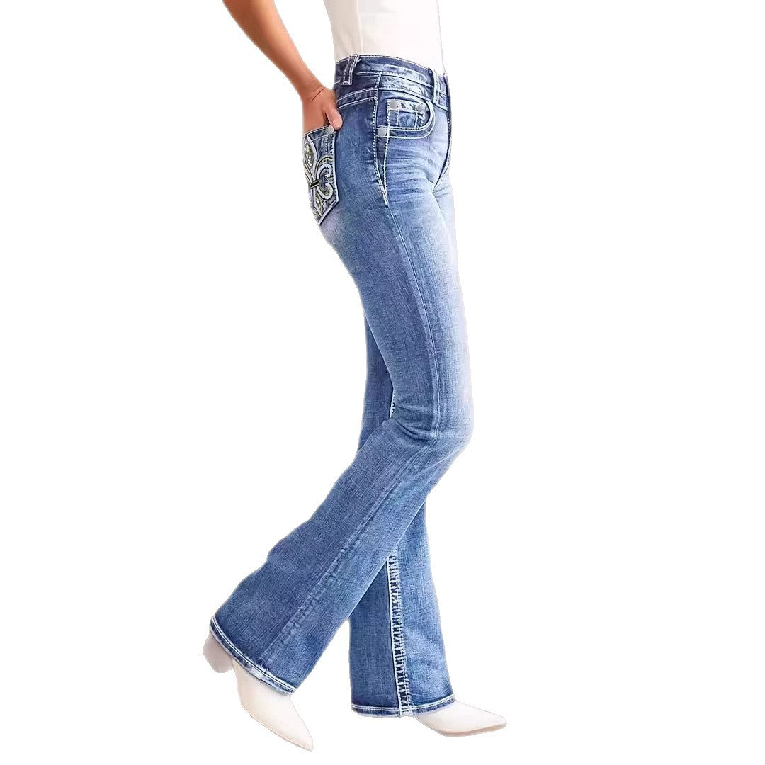 Women's Vintage-Style Flared Jeans with Embroidery
