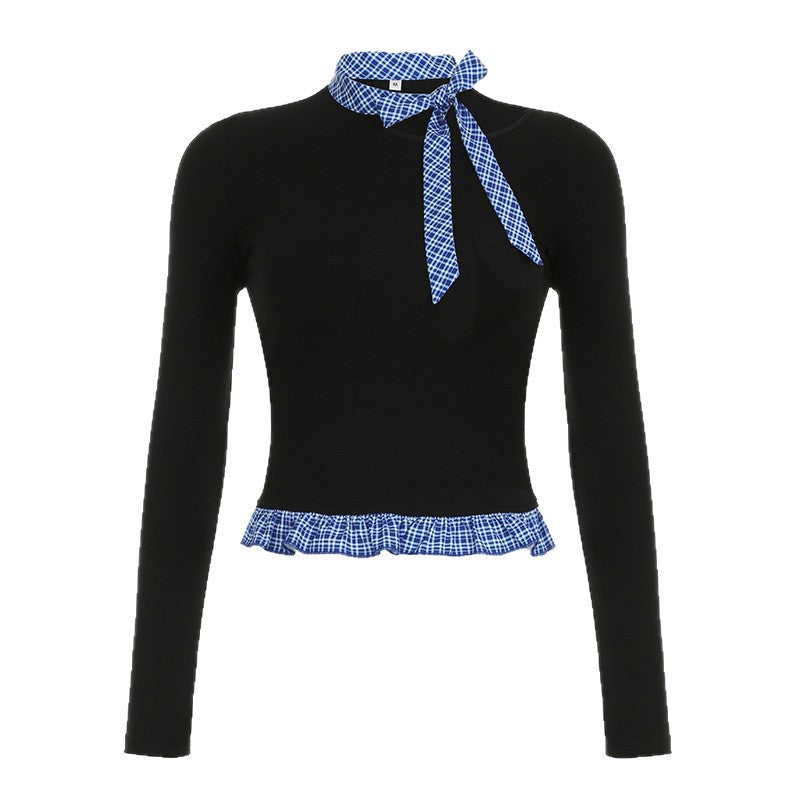 Women's Long-Sleeve Blouse with Plaid Collar and Ruffle Hem