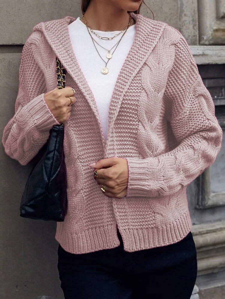 Women's Chunky Knit Cardigan with Hood and Cable Knit Pattern