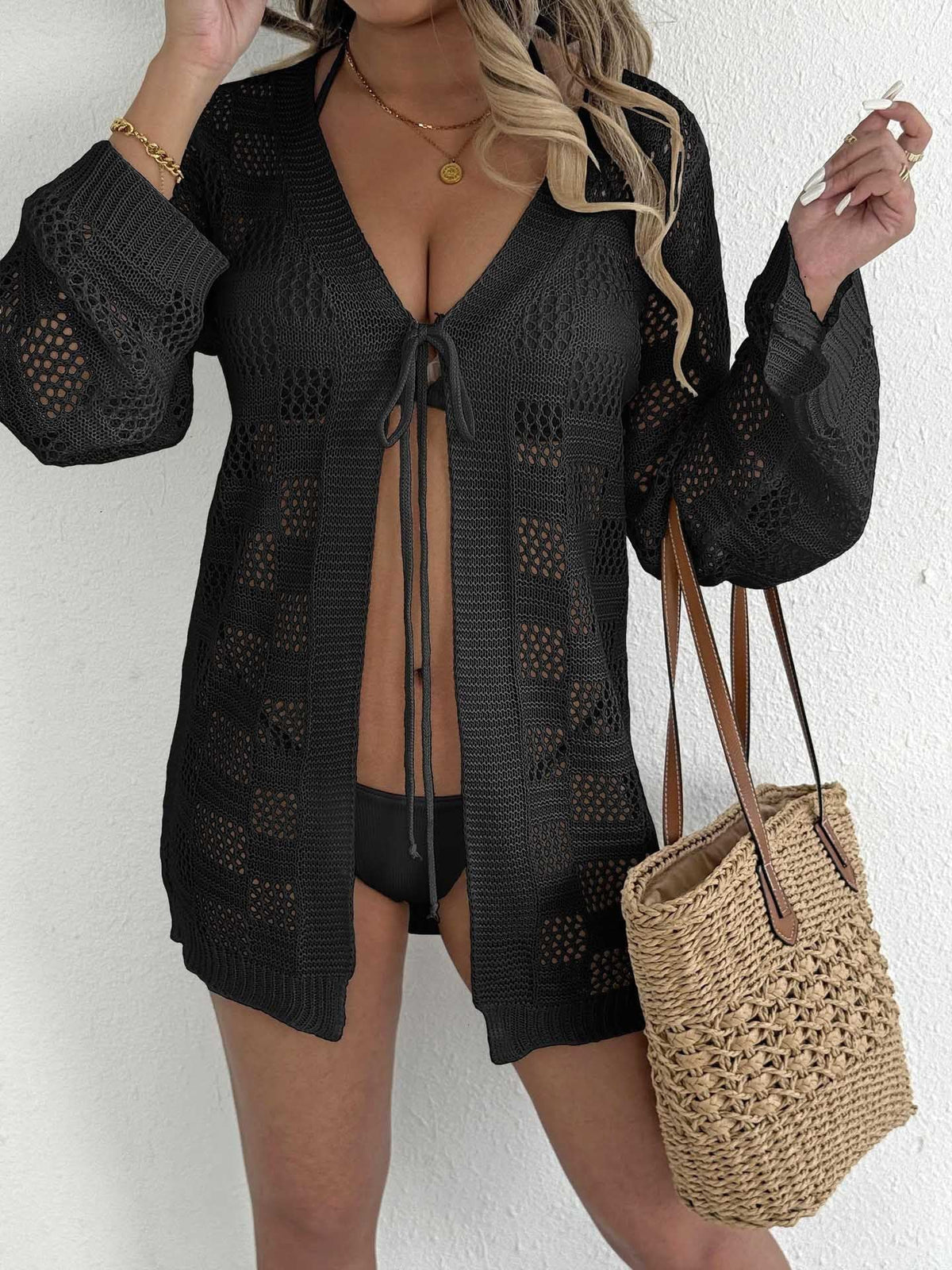 Women's Crochet Swim Cover-Up with Tie Belt