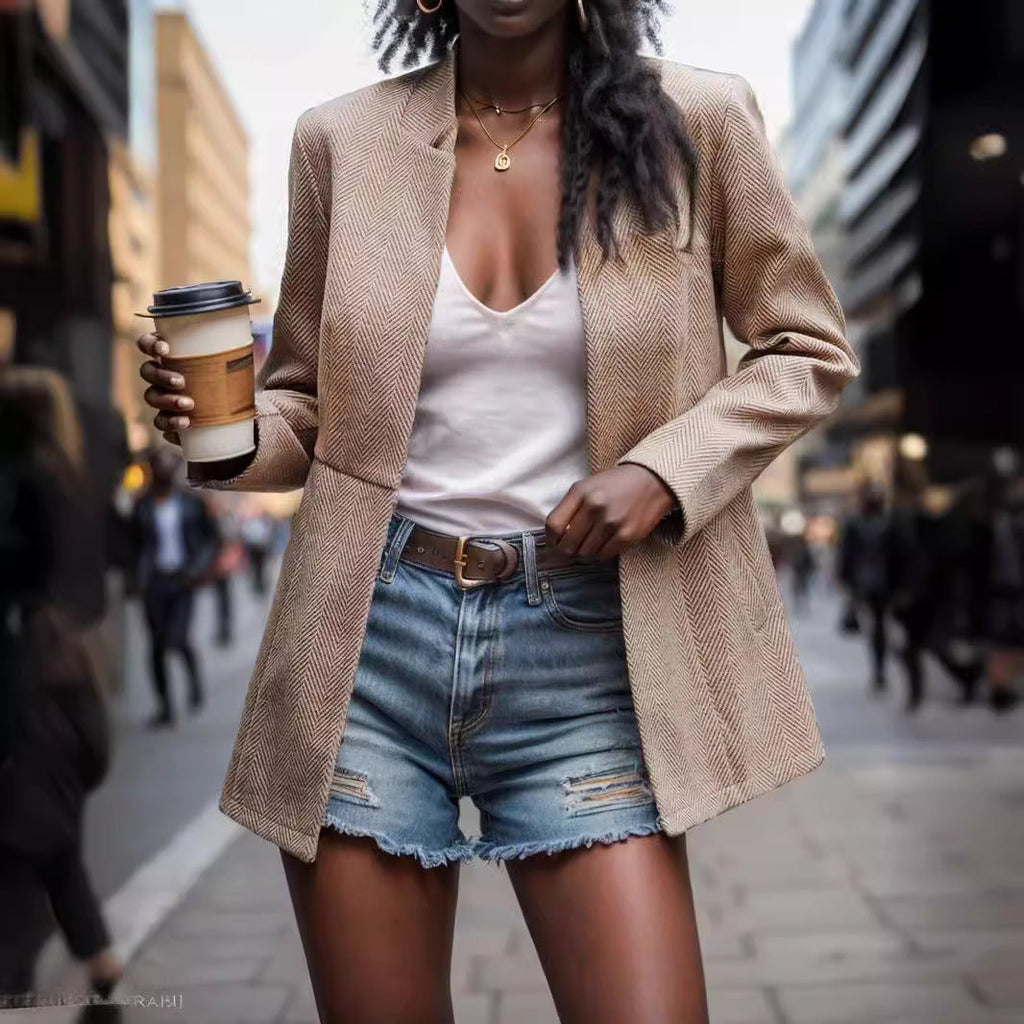 Women's Blazer with Elegant Herringbone Pattern and Timeless Cut