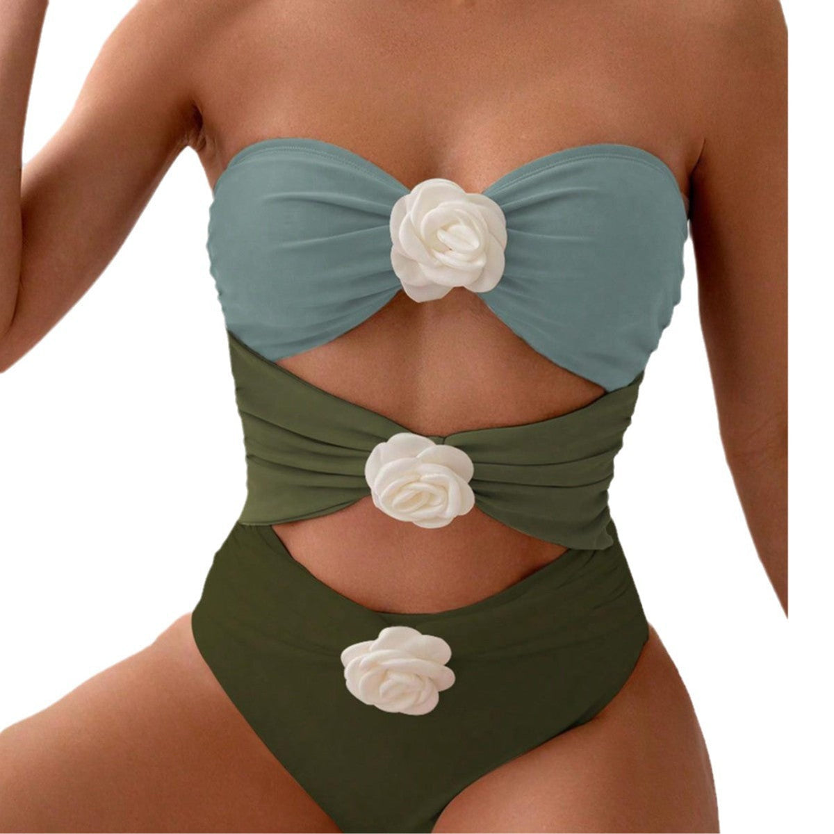 Women's Bandeau Swimsuit with Elegant Ruffles and Floral Accents