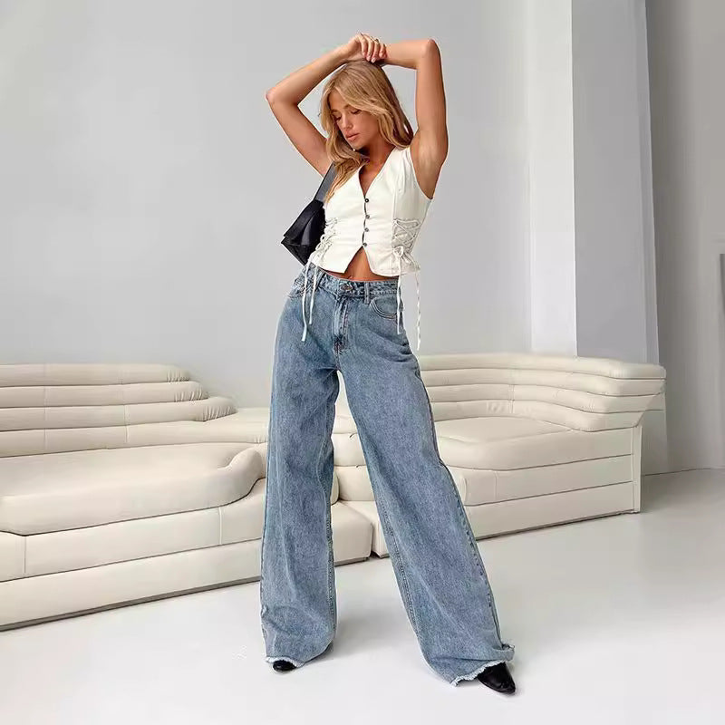 Women's Denim Vest with Innovative Lace-Up Closure and Decorative Details