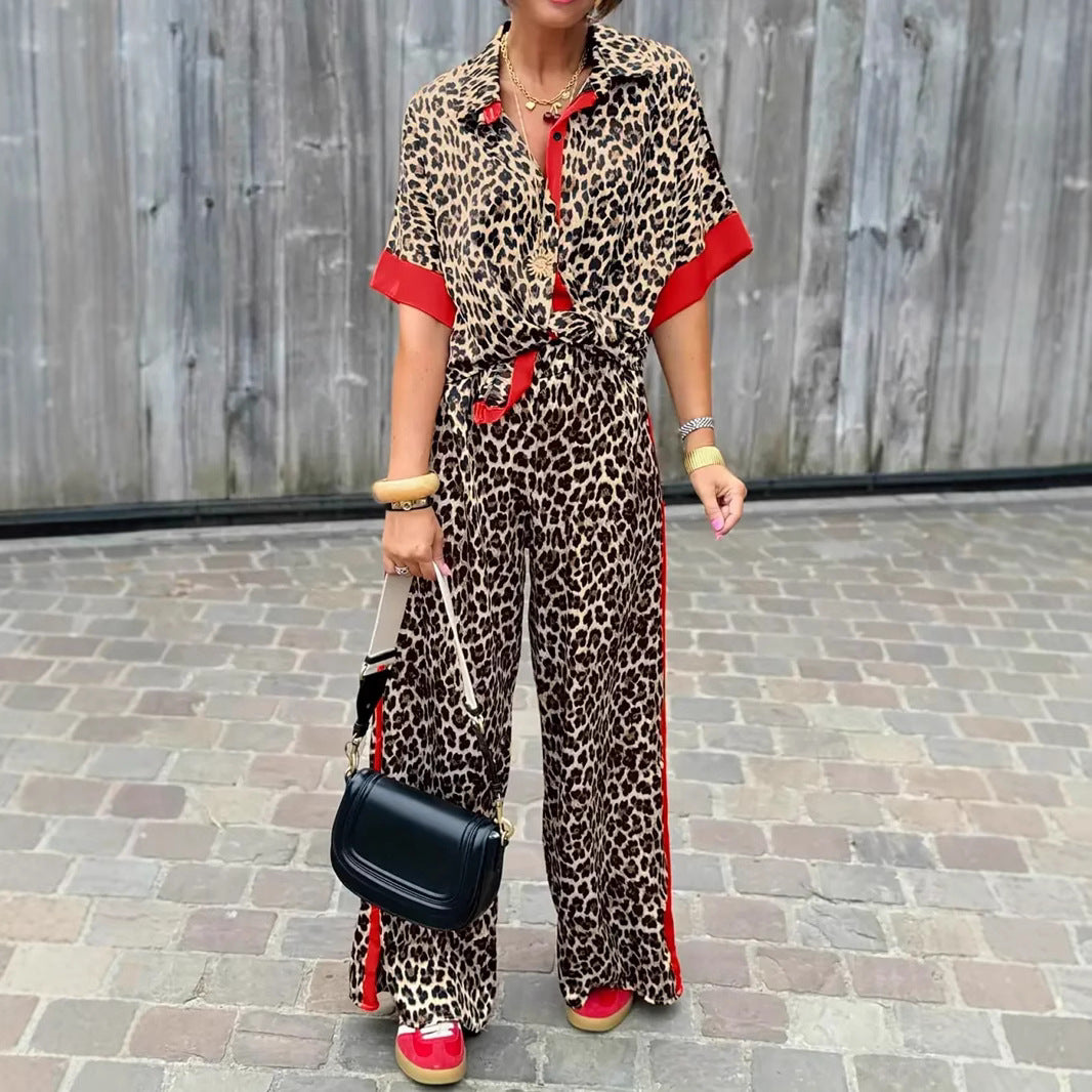 Women's Leopard Print Linen Jumpsuit with Contrast Details