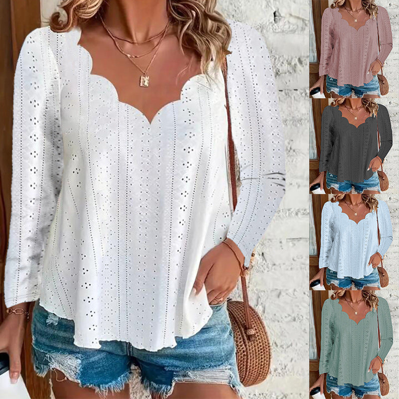 Women's Long-Sleeve Blouse with Eyelet Pattern and Wave Neckline