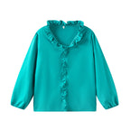 Women's Blouse with Ruffle Details and Stand-up Collar