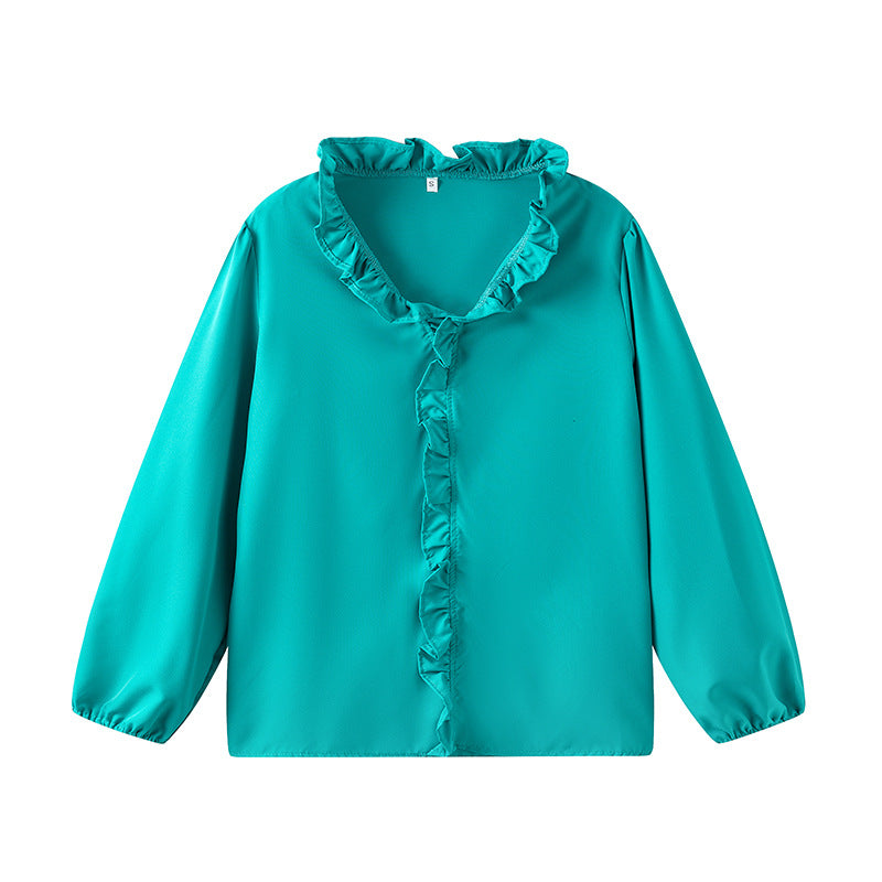 Women's Blouse with Ruffle Details and Stand-up Collar