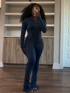 Figure-Hugging Tracksuit with Zipper and Flared Leg
