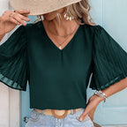 Women's Blouse with Elegant Off-Shoulder Puff Sleeves and V-Neck