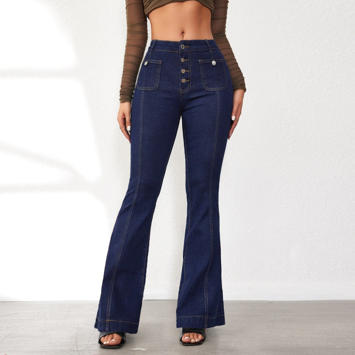 Women's High-Waisted Flared Jeans with Button Details