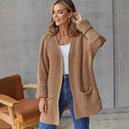 Women's Large Knit Cardigan with Ribbed Design and Pockets