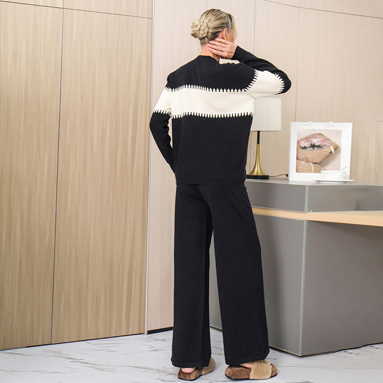 Women's Cozy Knit Loungewear Set with Textured Pattern and Wide Leg