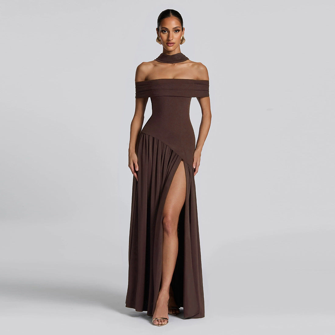 Women's Evening Dress with Chic Off-Shoulder Design and High Slit