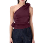 Women's Asymmetrical Ruffled Top with Floral Detail