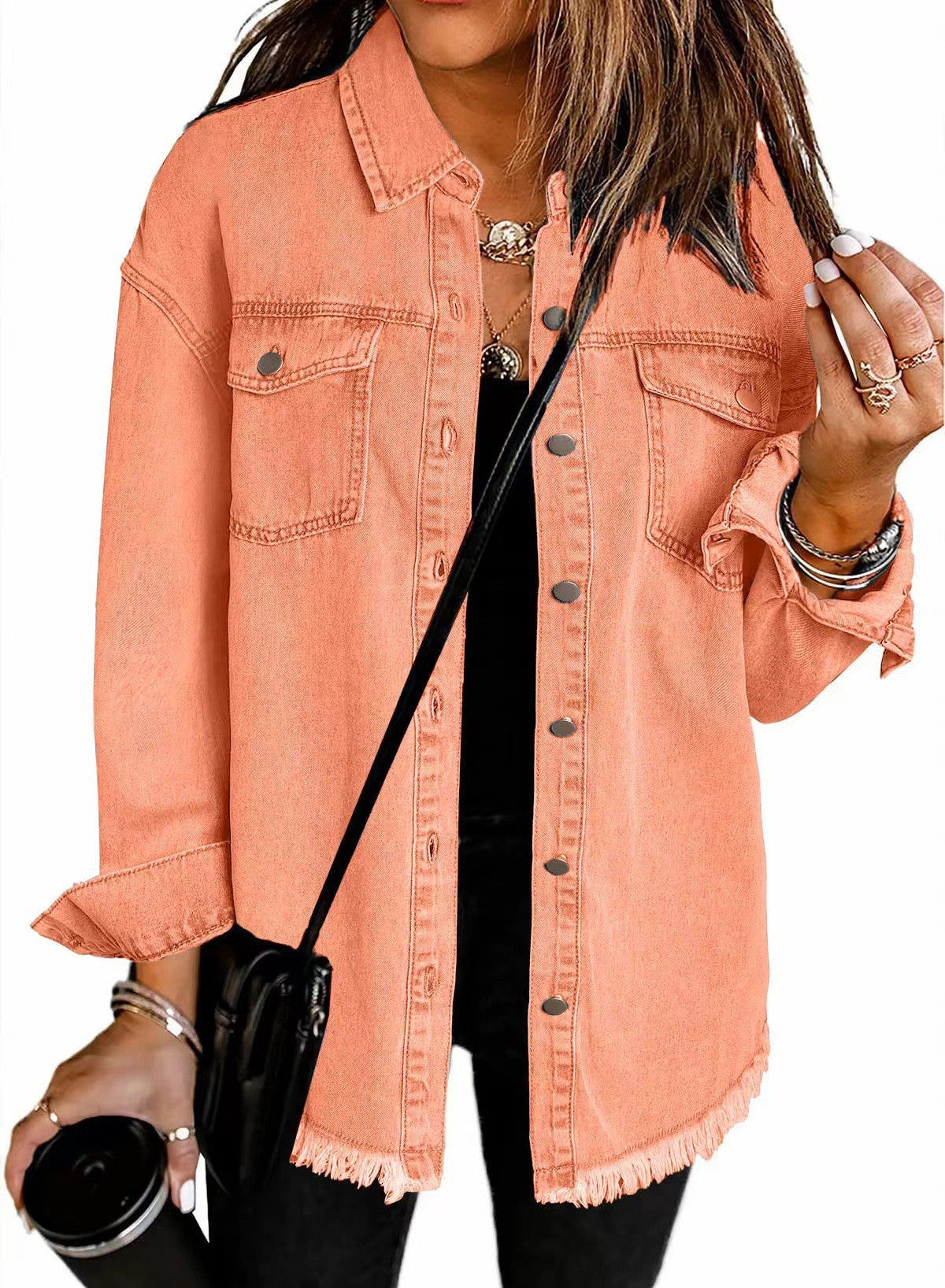 Women's Denim Overshirt with Frayed Hem