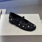 Women's Ballet Flats with Floral Glitter Accent and Adjustable Strap