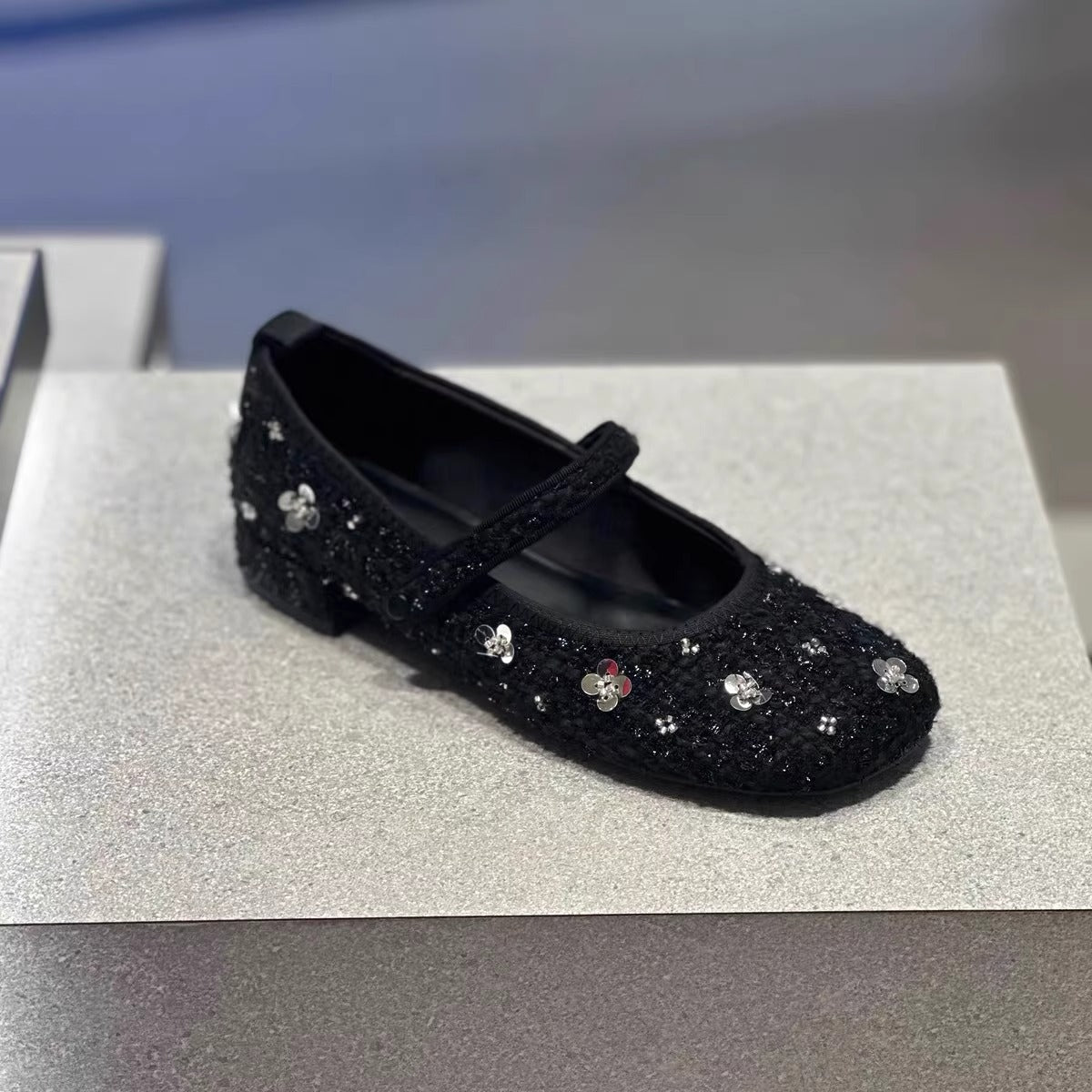 Women's Ballet Flats with Floral Glitter Accent and Adjustable Strap