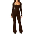 Women's Long Sleeve Romper with Square Neck and Wide Leg