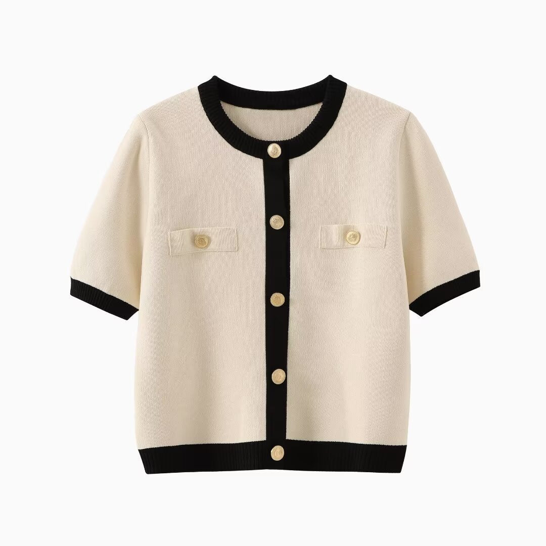 Women's Elegant Short-Sleeve Cardigan with Button Details and Pockets