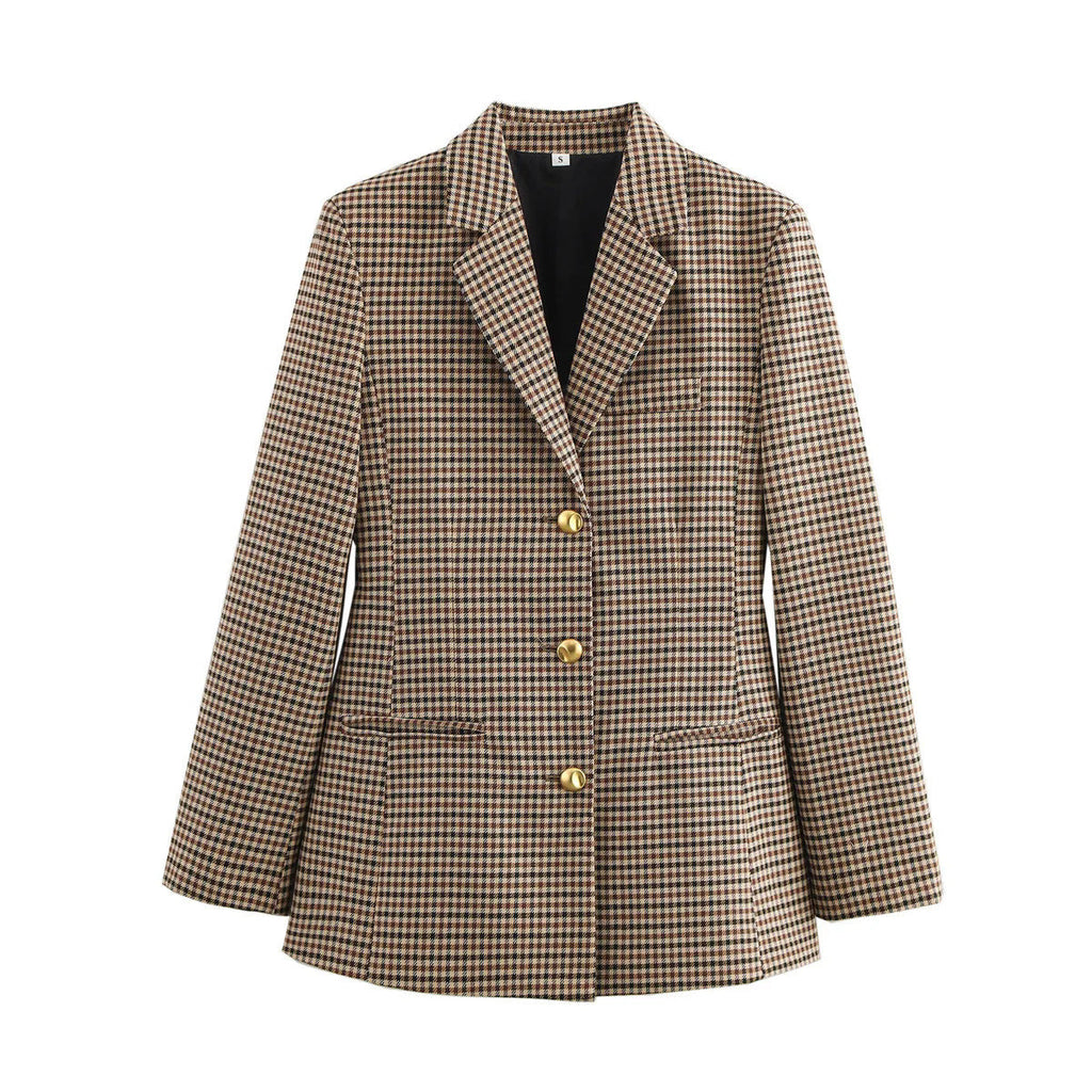 Women's Elegant Plaid Blazer with Gold Buttons