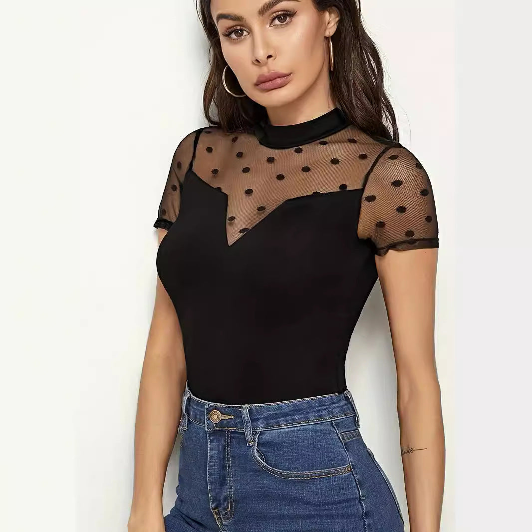 Women's Bodysuit with Sheer Polka Dots and High Neck