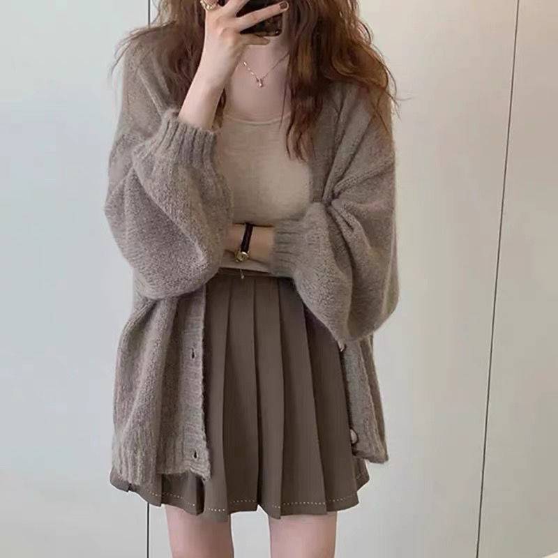 Women's Fluffy Knit Cardigan with Voluminous Sleeves and Button Details