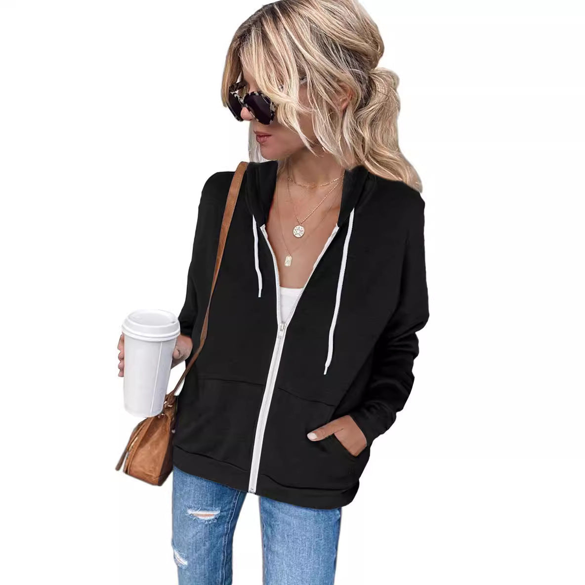 Women's Comfortable Hoodie with Zipper and Side Pockets