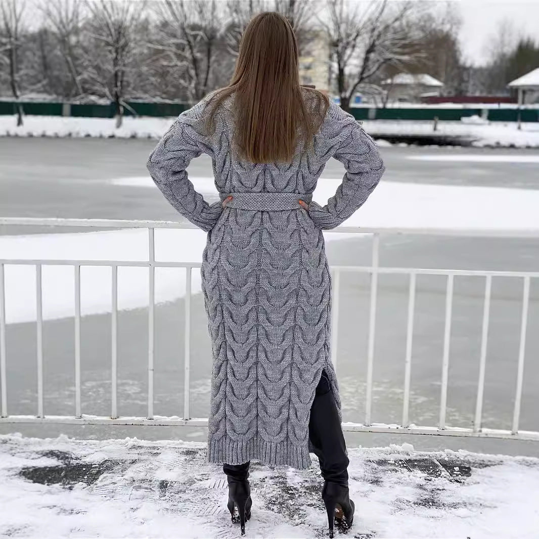 Women's Chunky Knit Coat with Distinctive Cable Knit Design and Open Front