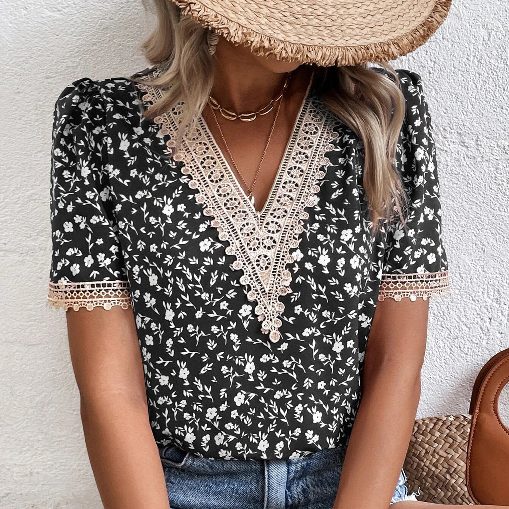 Women's V-Neck Blouse with Delicate Lace Accents