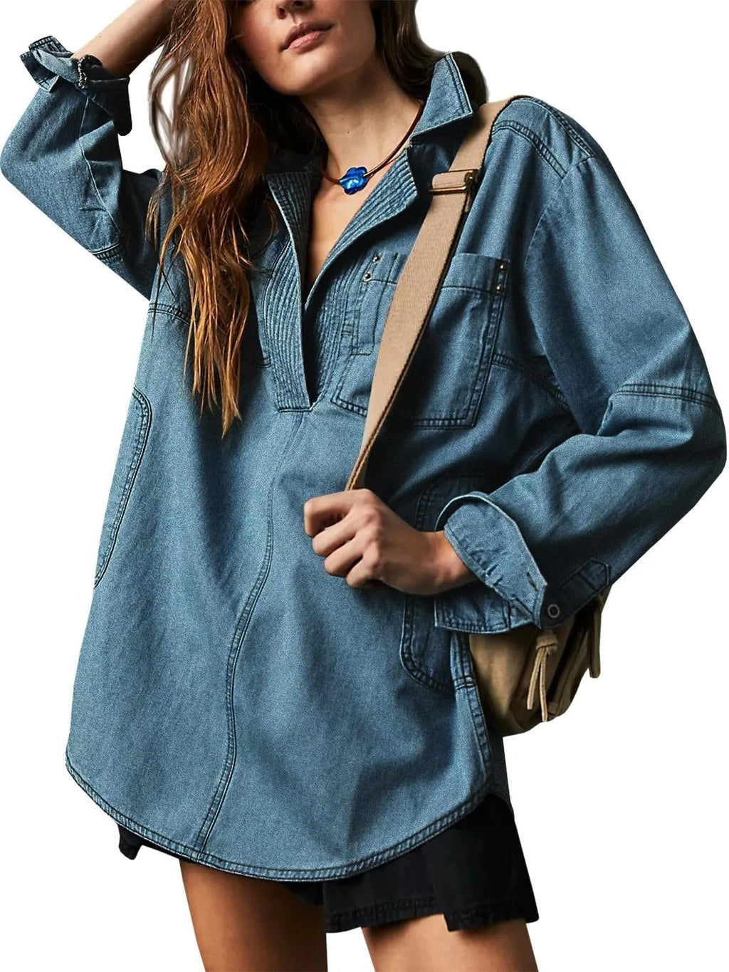 Women's Denim Shirt with Detailed Stitching