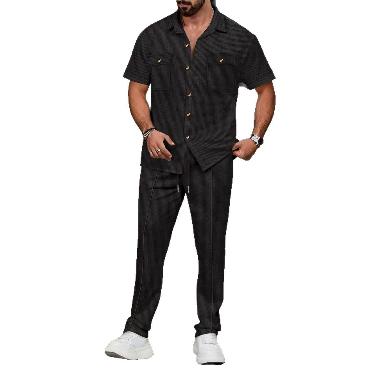 Men's Casual Tracksuit with Camp Shirt and Drawstring Pants