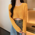 Women's Cropped Knit Sweater with Fine Texture and Relaxed Shoulders