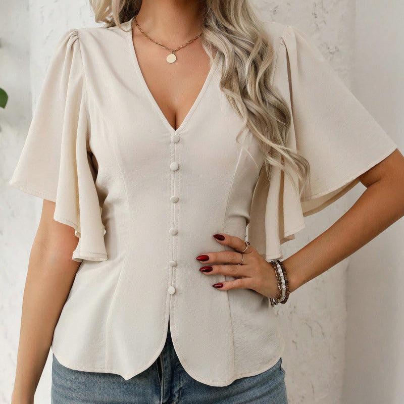 Women's Blouse with Flowing Sleeves and V-Neck