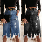 Women's Midi Denim Skirt with Frayed Hem and Vertical Slit