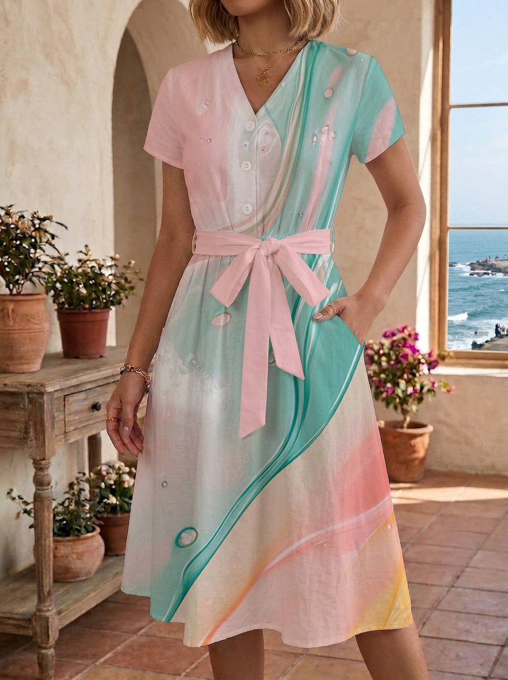 Women's Floral Midi Dress with Adjustable Belt