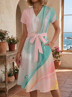 Women's Floral Midi Dress with Adjustable Belt
