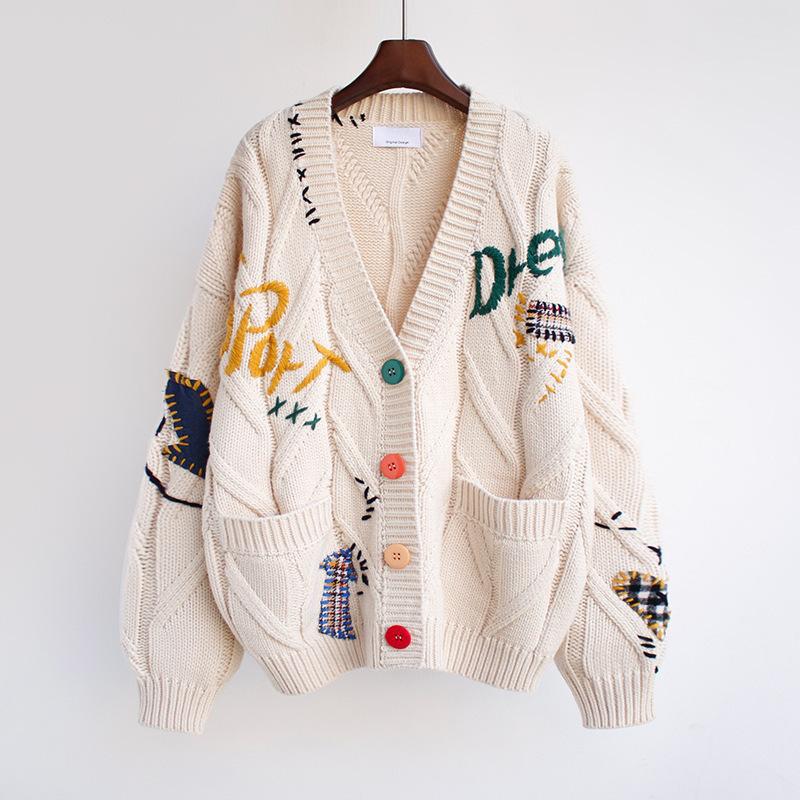 Women's Lined Knit Cardigan with Colorful Buttons and Unique Design