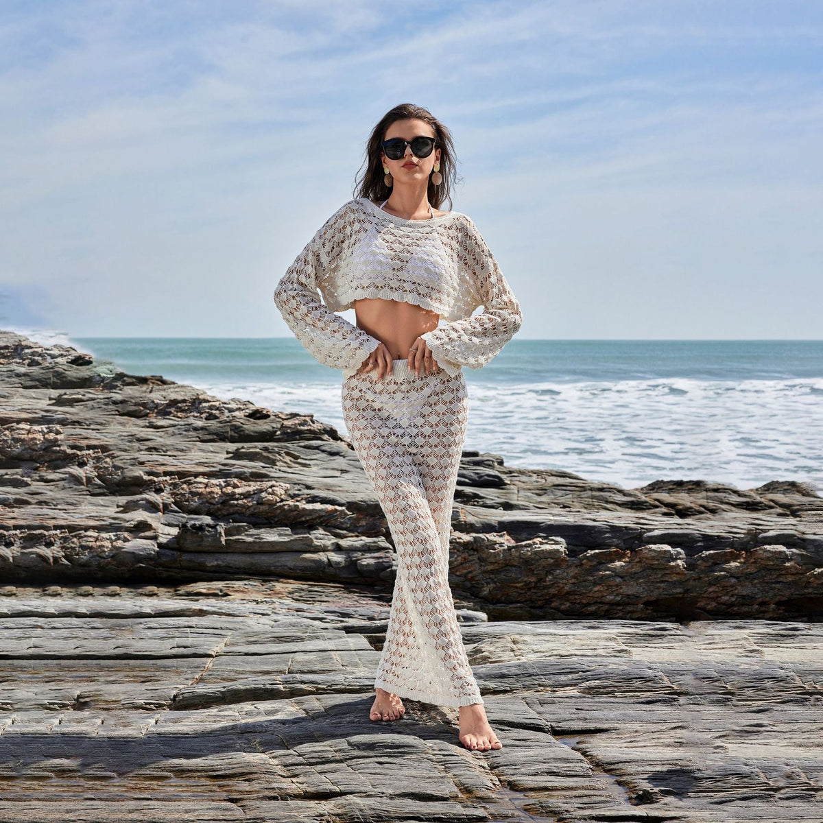 Women's Crochet Set with Crop Top and Maxi Skirt